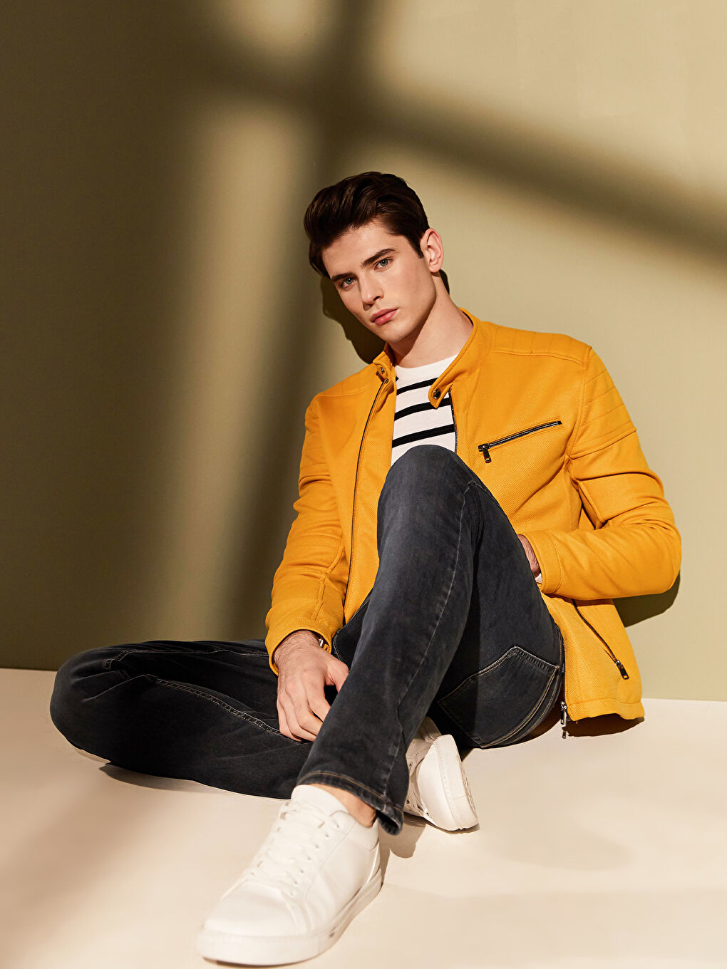 Sarı Slim Fit Biker Yaka İnce Erkek Mont-2