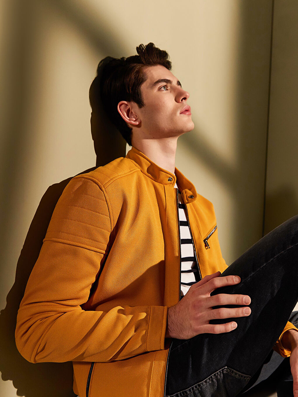 Sarı Slim Fit Biker Yaka İnce Erkek Mont-4