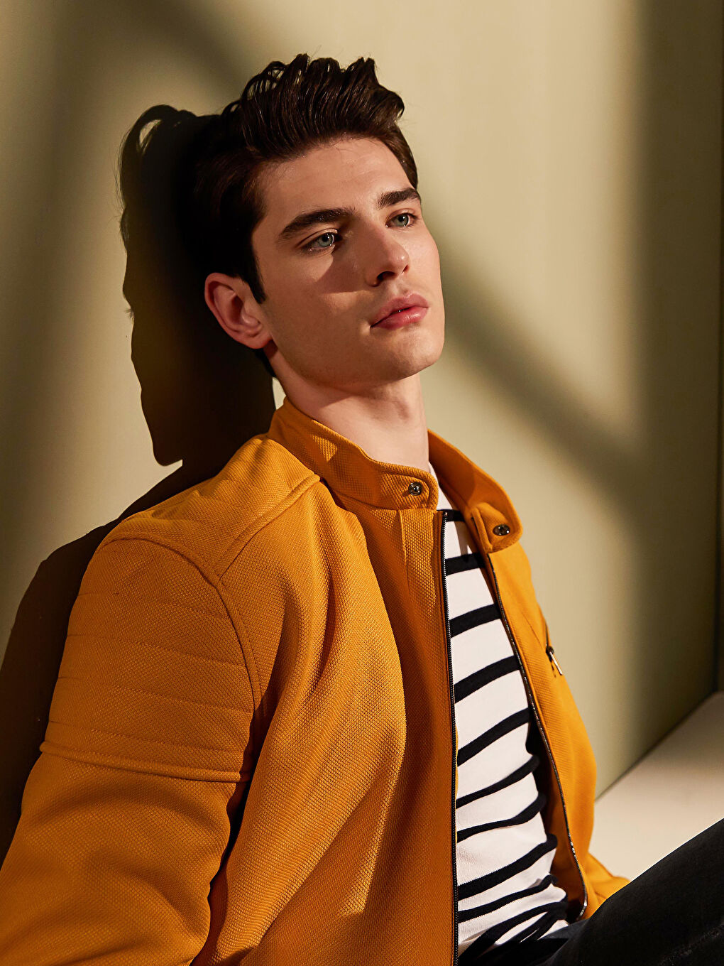 Sarı Slim Fit Biker Yaka İnce Erkek Mont-5