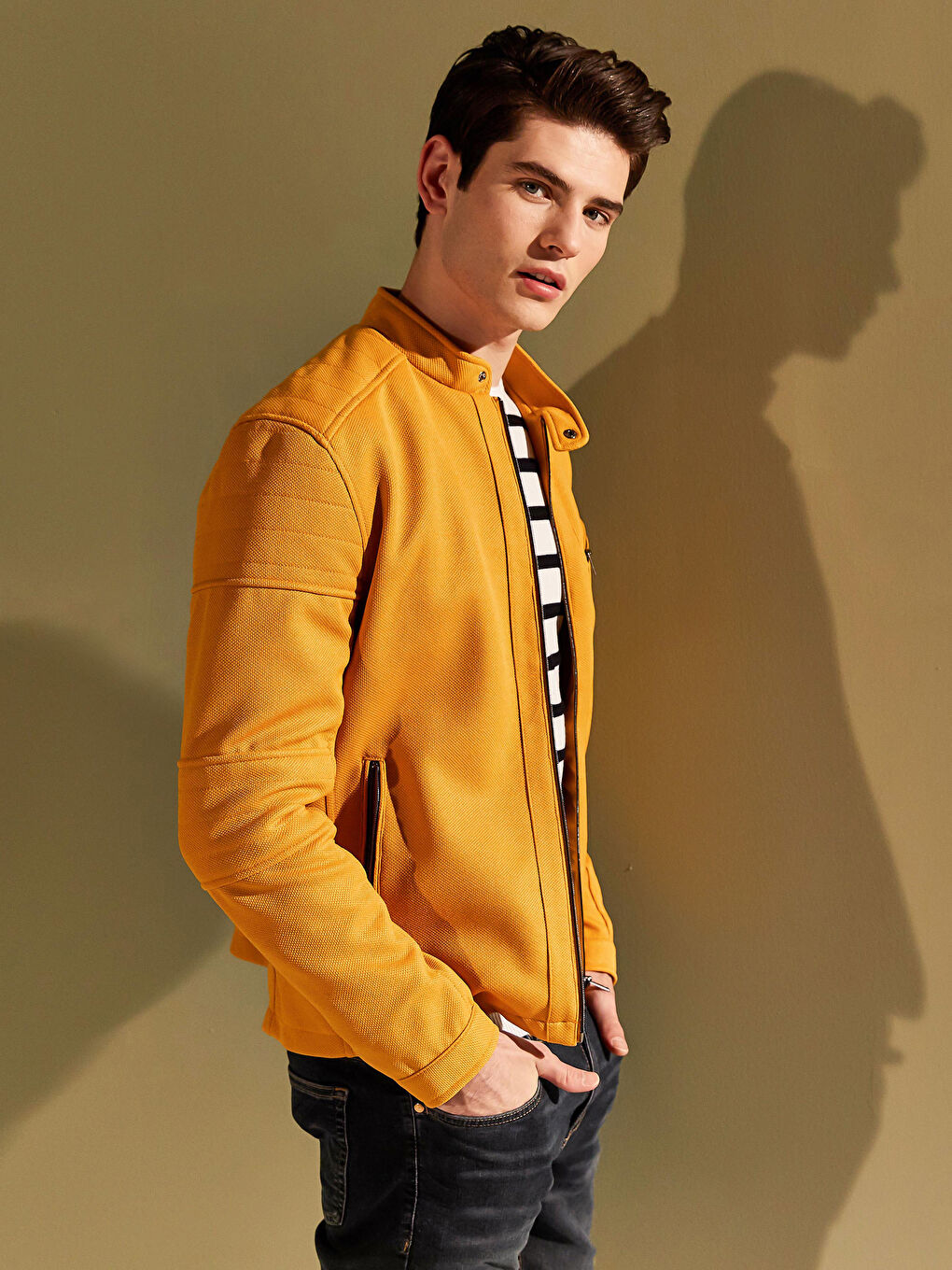 Sarı Slim Fit Biker Yaka İnce Erkek Mont-6