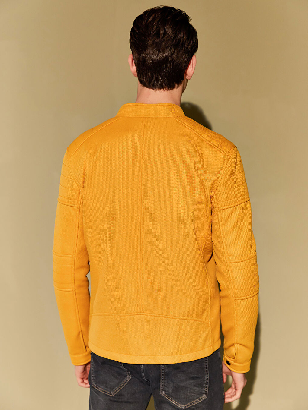Sarı Slim Fit Biker Yaka İnce Erkek Mont-8