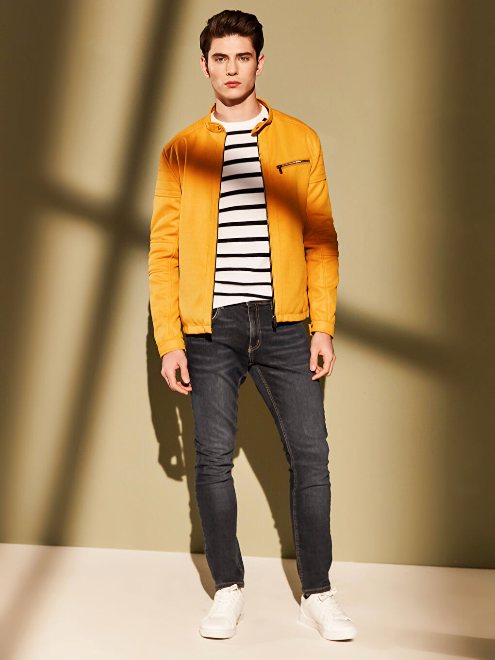 Sarı Slim Fit Biker Yaka İnce Erkek Mont-9