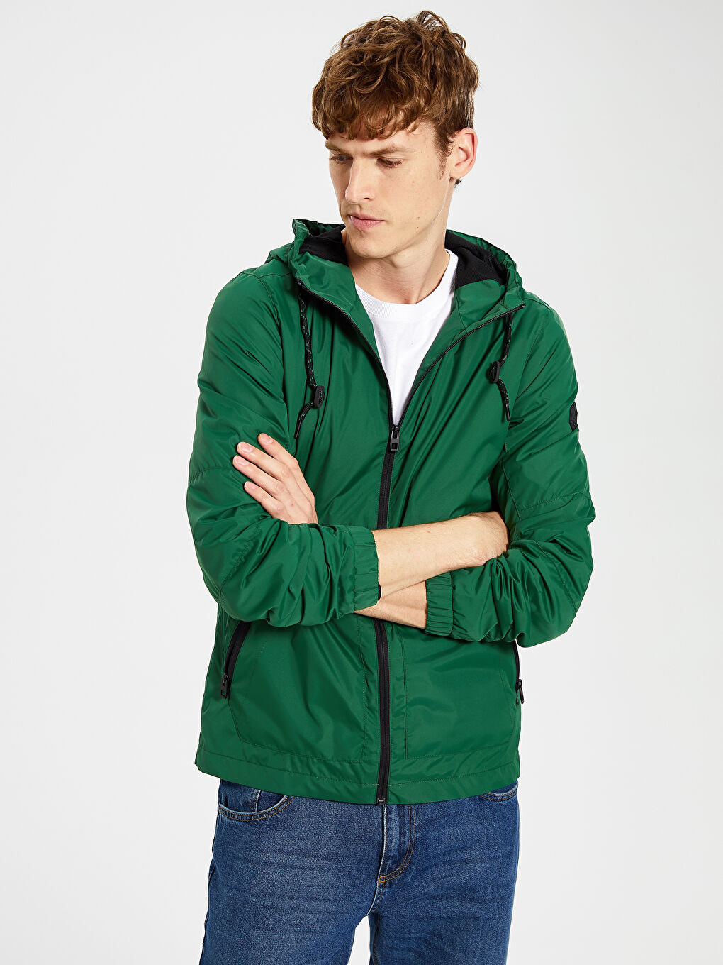 Yeşil Rahat Kalıp Kapüşonlu İnce Erkek Yağmurluk-2