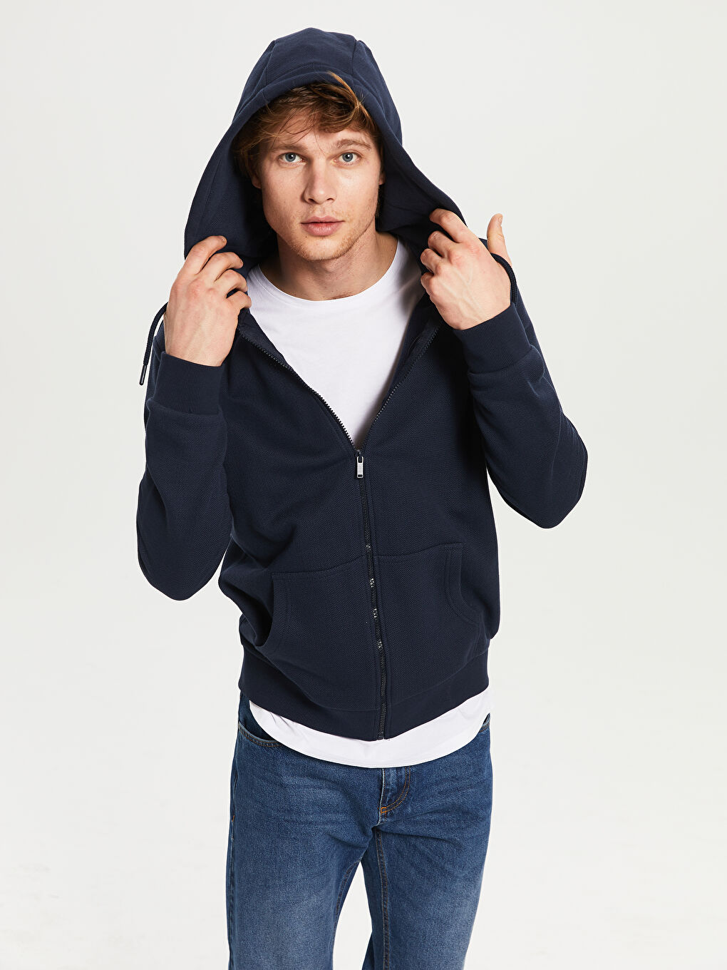 Lacivert Kapüşonlu Fermuarlı Erkek Sweatshirt