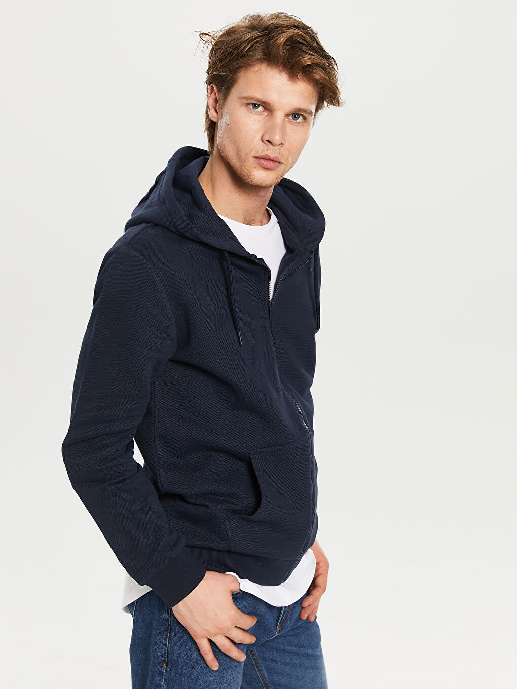 Lacivert Kapüşonlu Fermuarlı Erkek Sweatshirt-2
