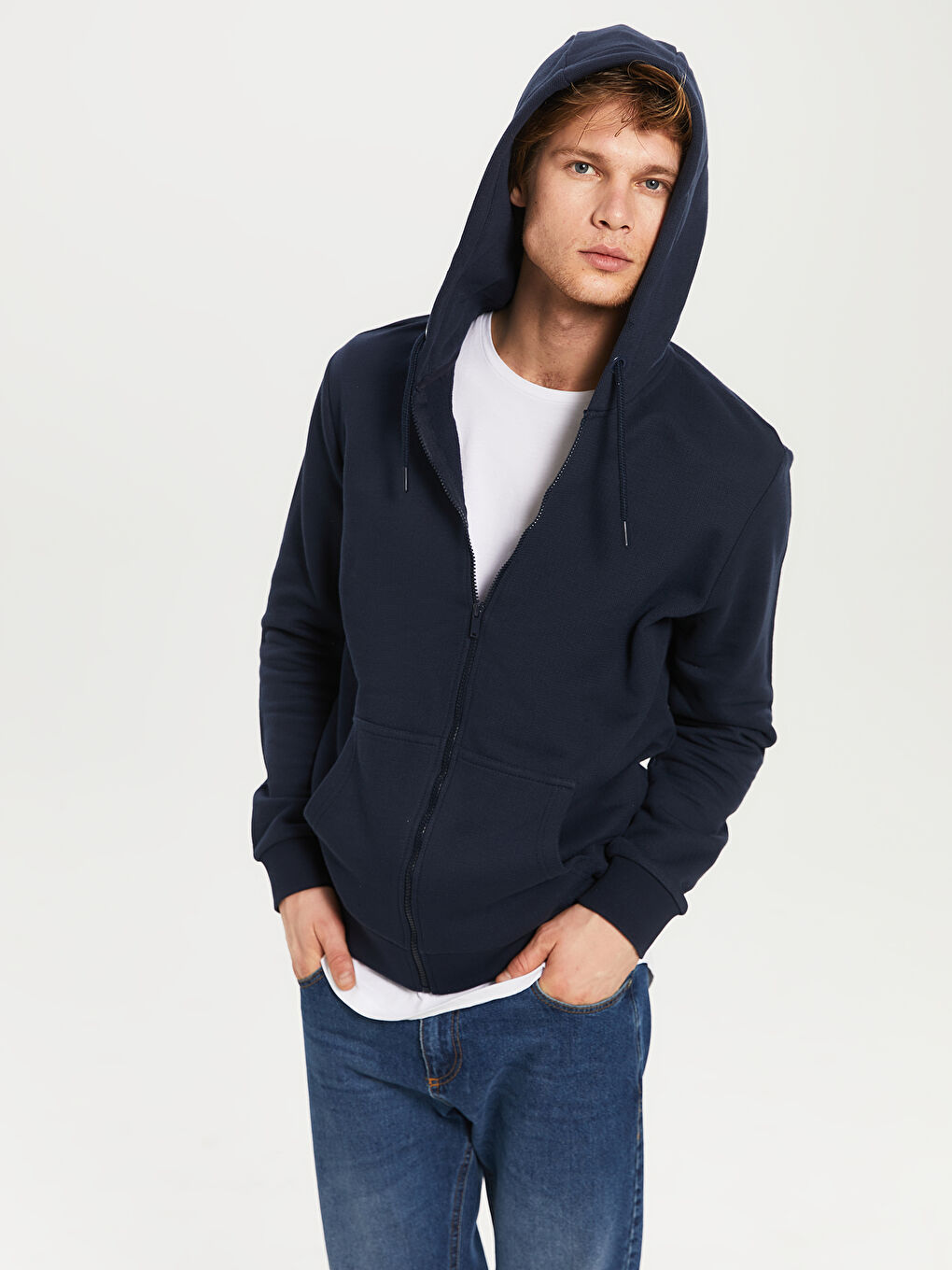 Lacivert Kapüşonlu Fermuarlı Erkek Sweatshirt-3