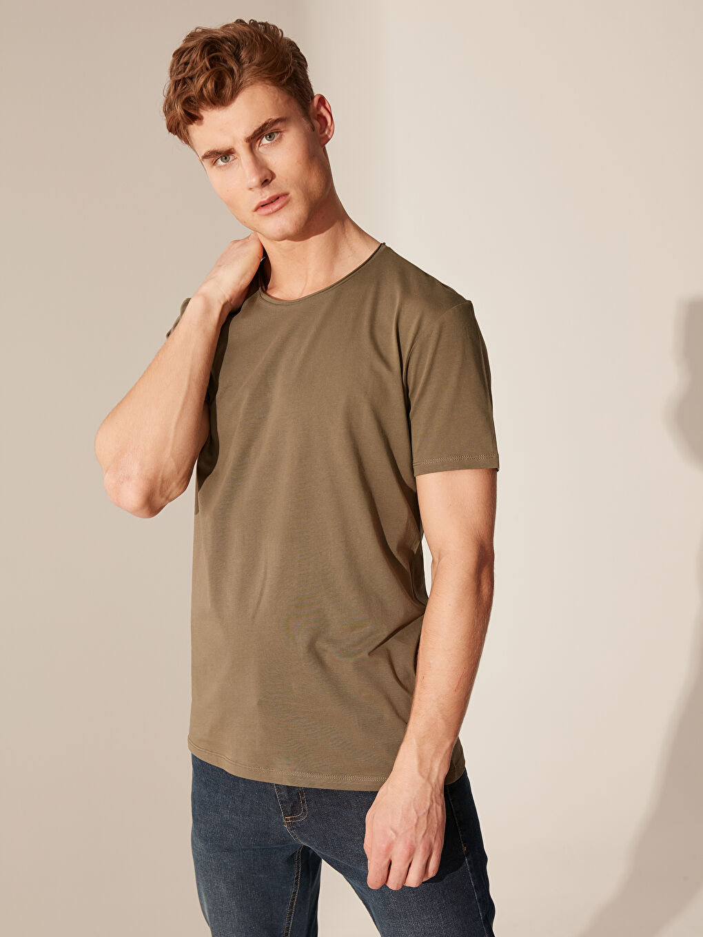 Haki Kısa Kollu Penye Erkek Tişört-1