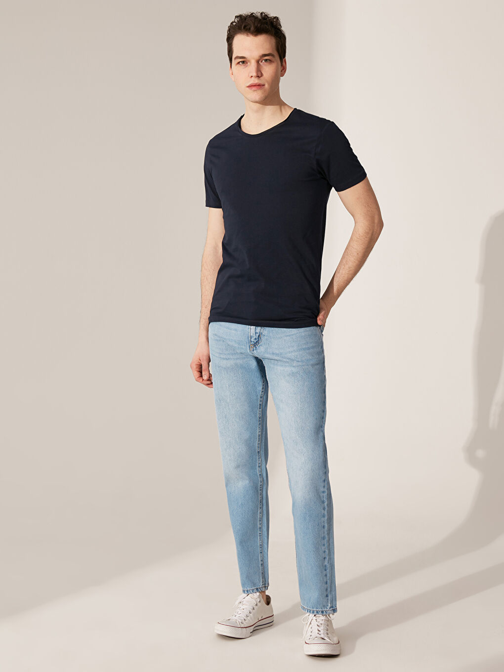 Lacivert Kısa Kollu Penye Erkek Tişört-3