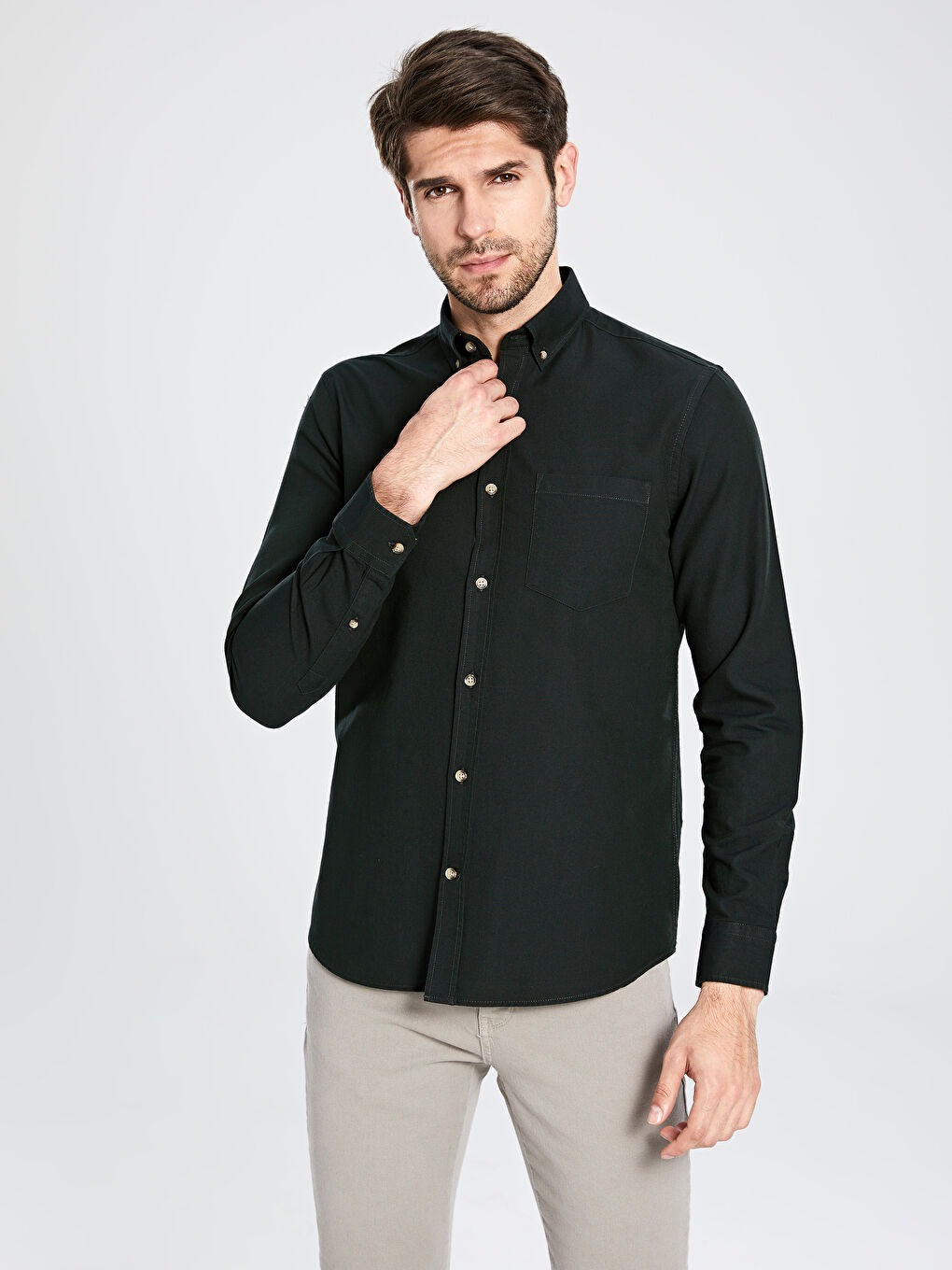 Haki Regular Fit Uzun Kollu Oxford Erkek Gömlek