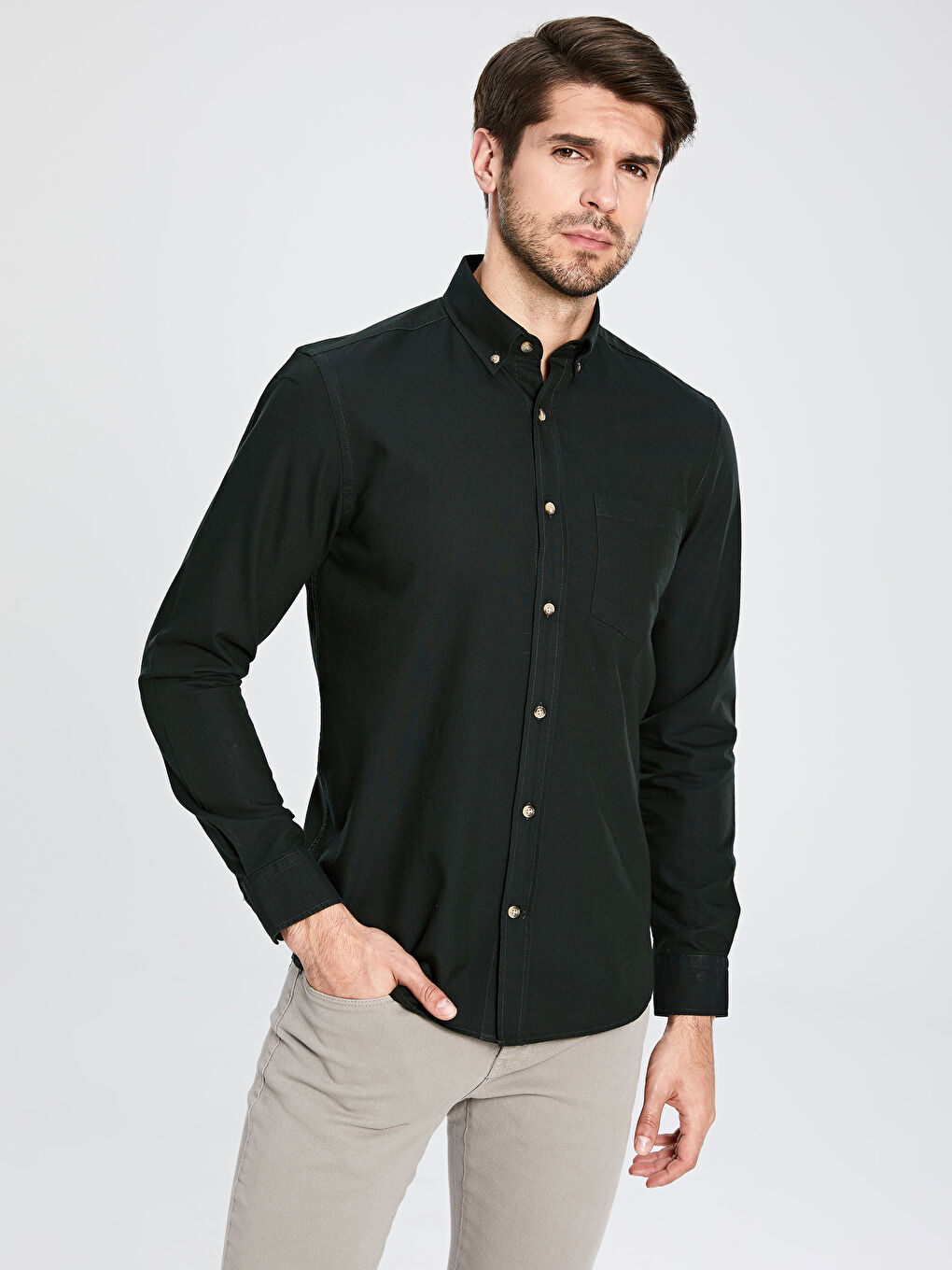 Haki Regular Fit Uzun Kollu Oxford Erkek Gömlek-1