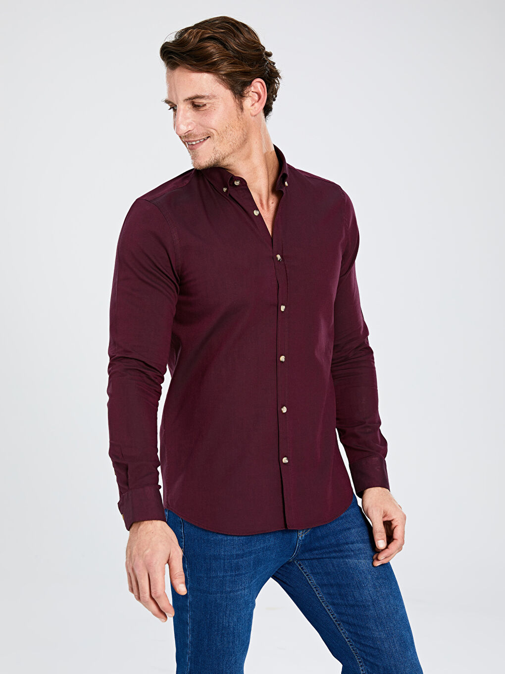 Bordo Slim Fit Uzun Kollu Oxford Erkek Gömlek-1