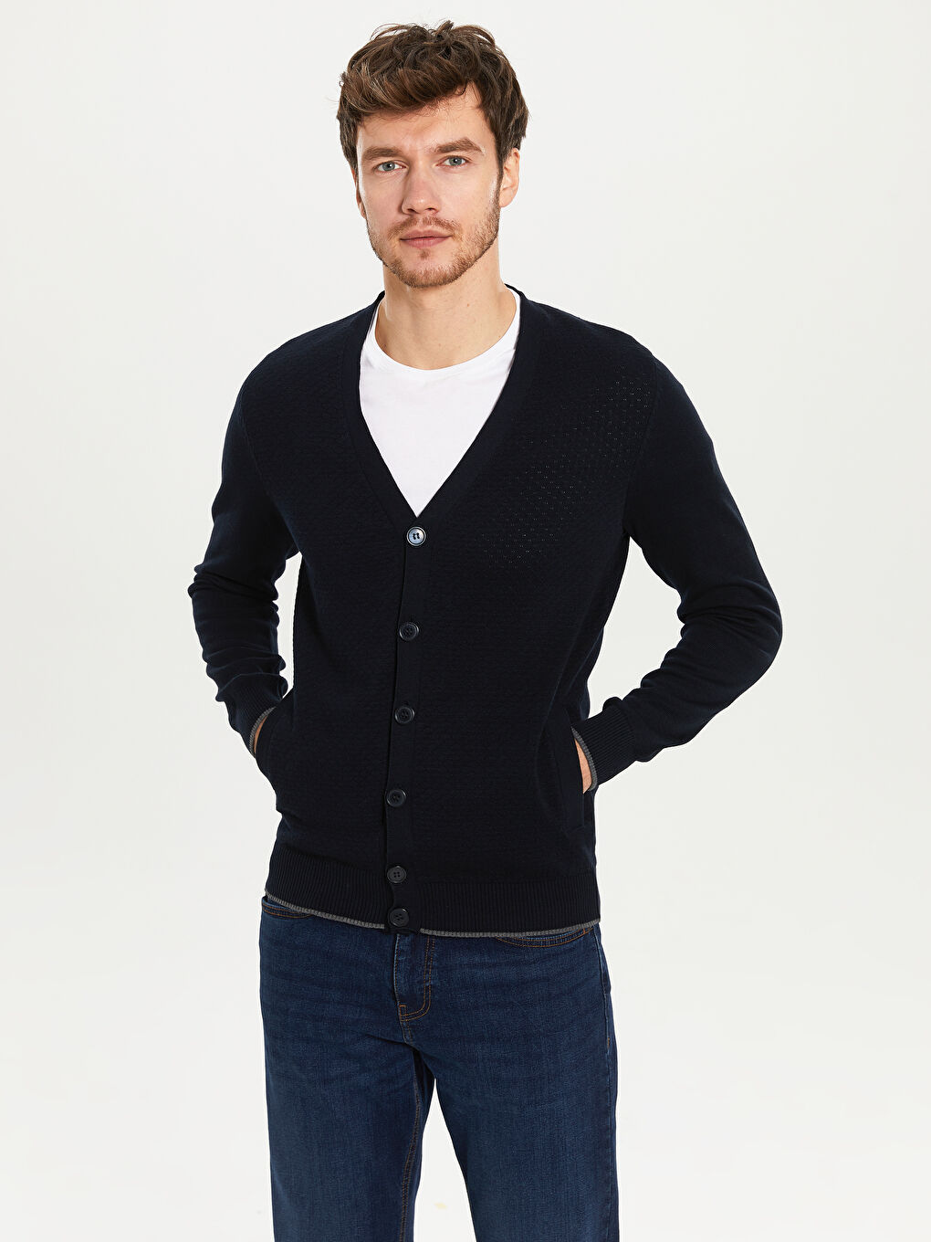 Standard Fit V Neck Men's Knitwear Cardigan