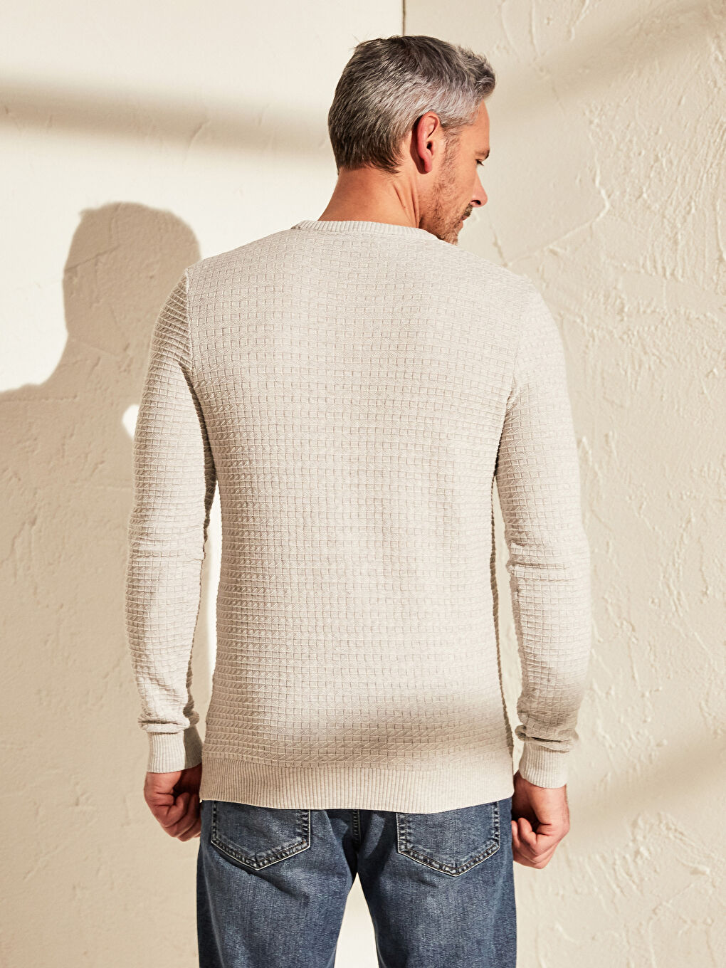 Bej Bisiklet Yaka Uzun Kollu İnce Erkek Triko Kazak