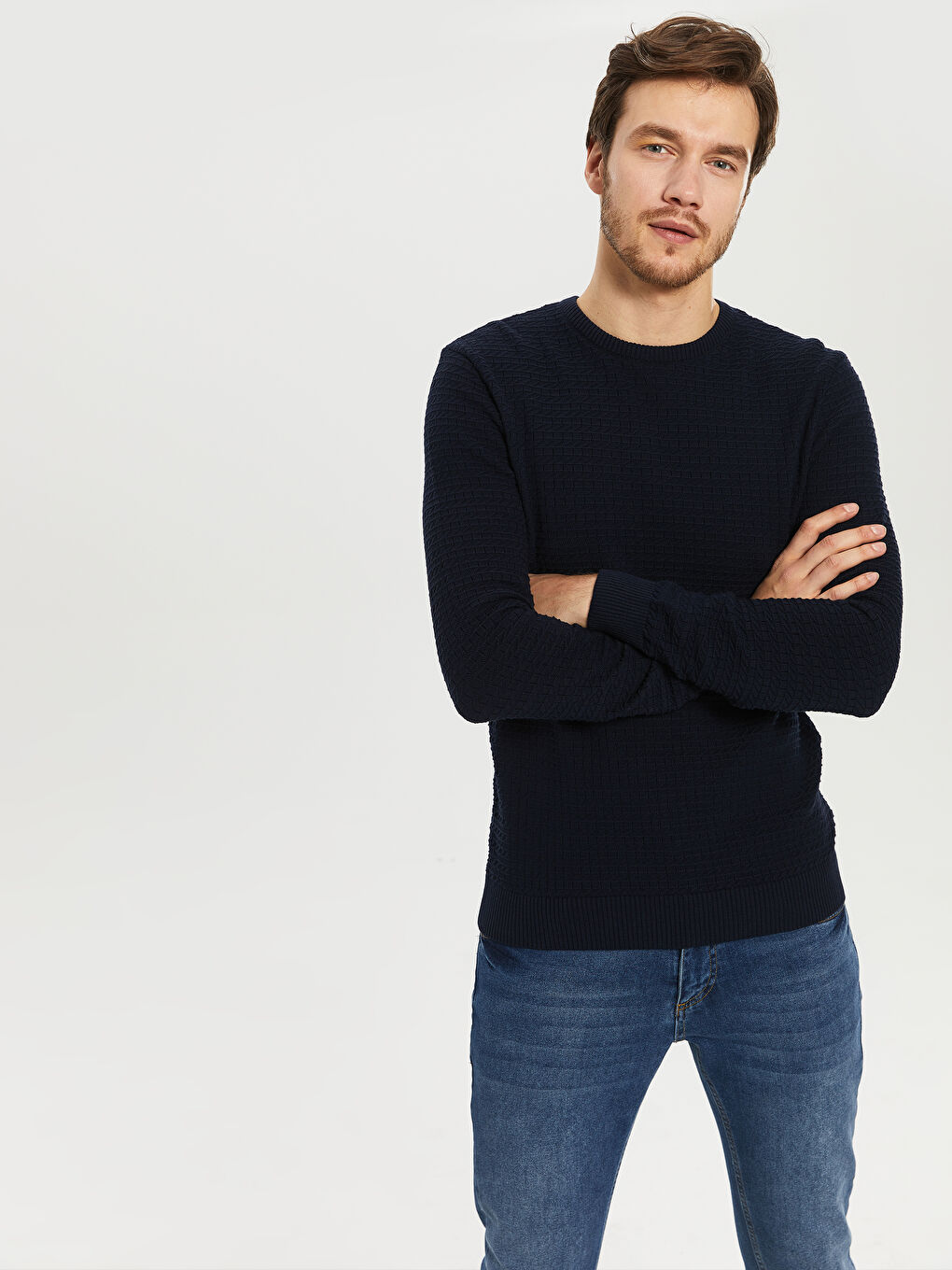 Crew Neck Long Sleeve Thin Men's Tricot Sweater-2