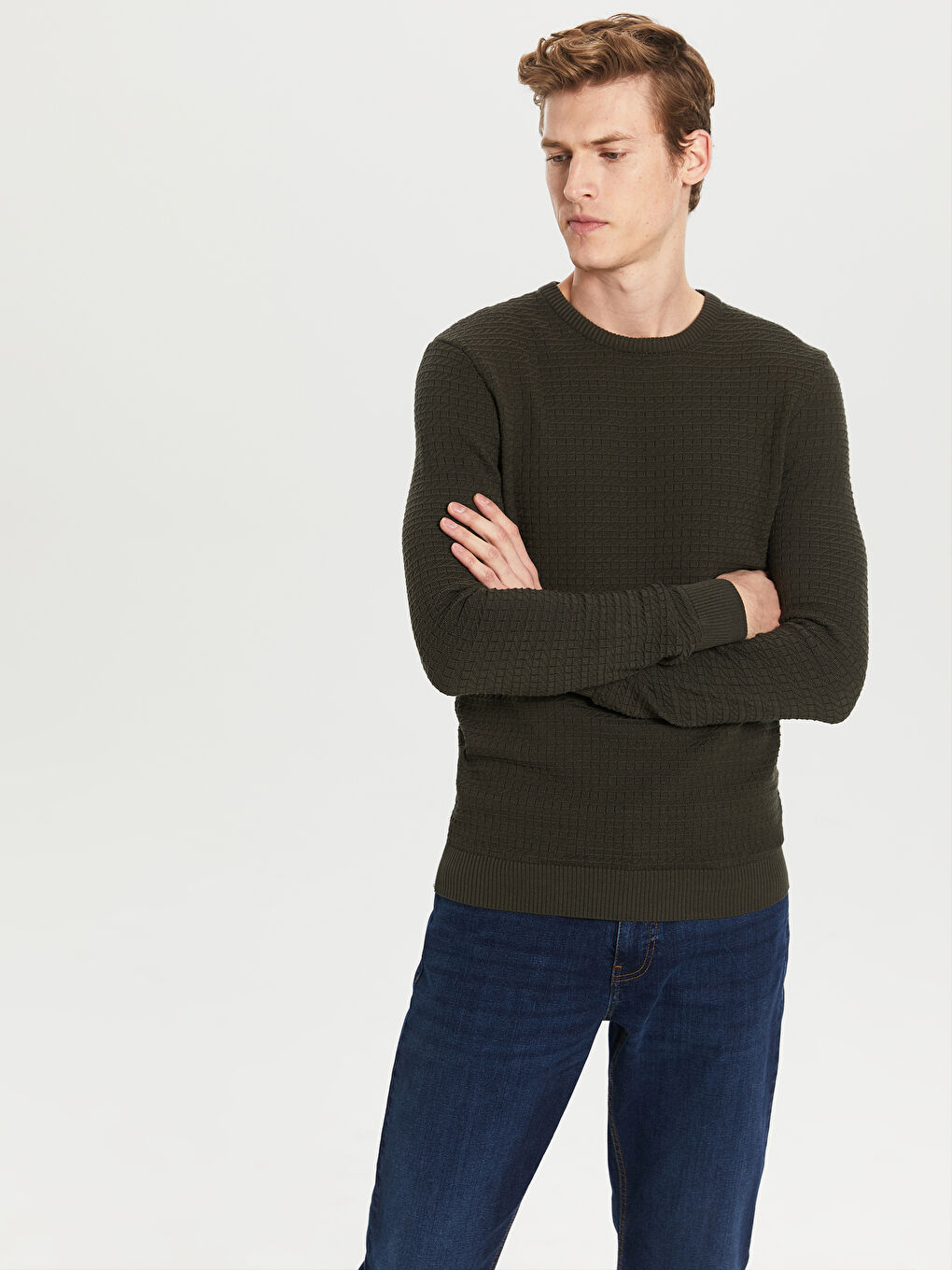 Haki Bisiklet Yaka Uzun Kollu İnce Erkek Triko Kazak