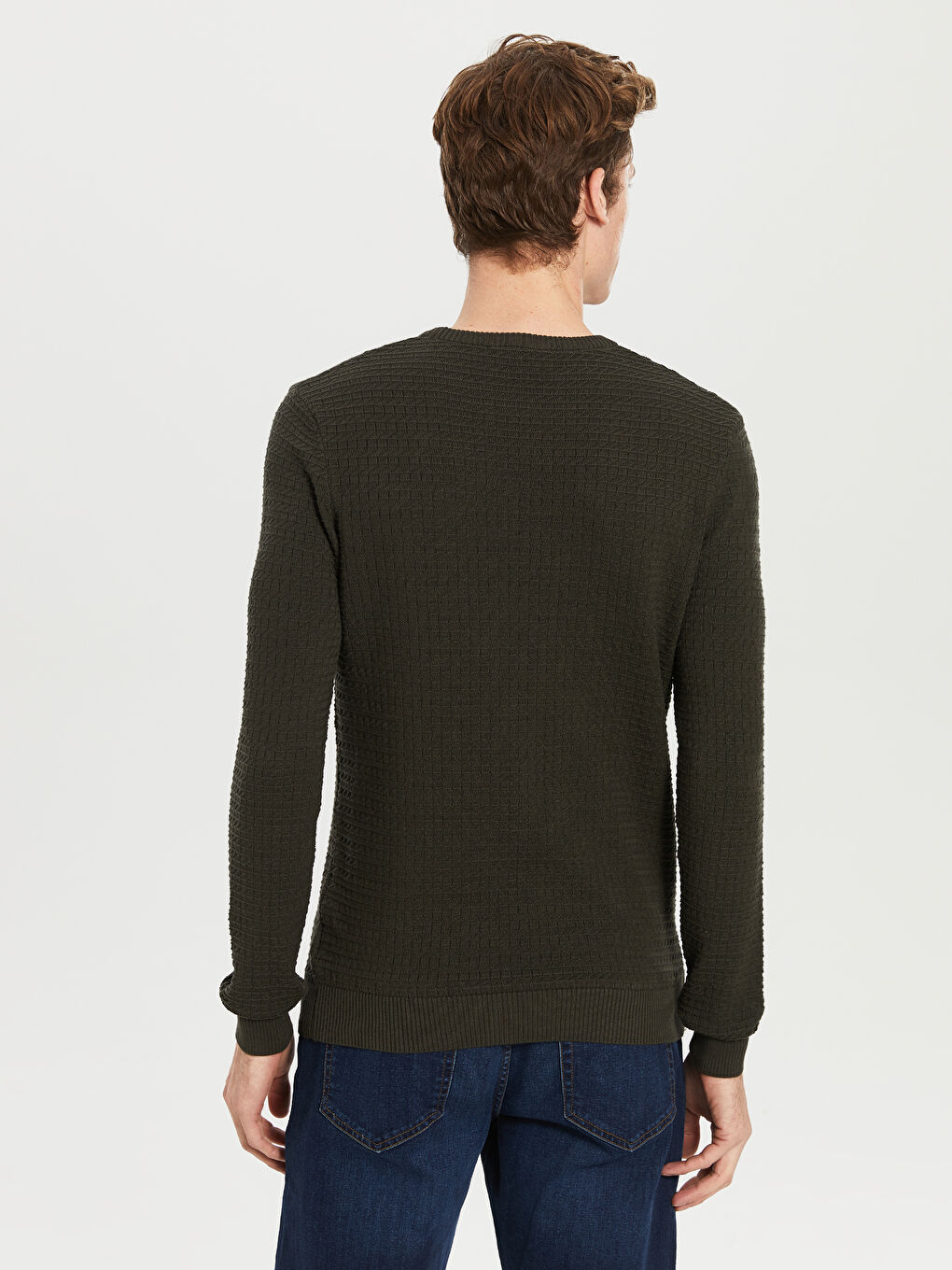 Haki Bisiklet Yaka Uzun Kollu İnce Erkek Triko Kazak-1