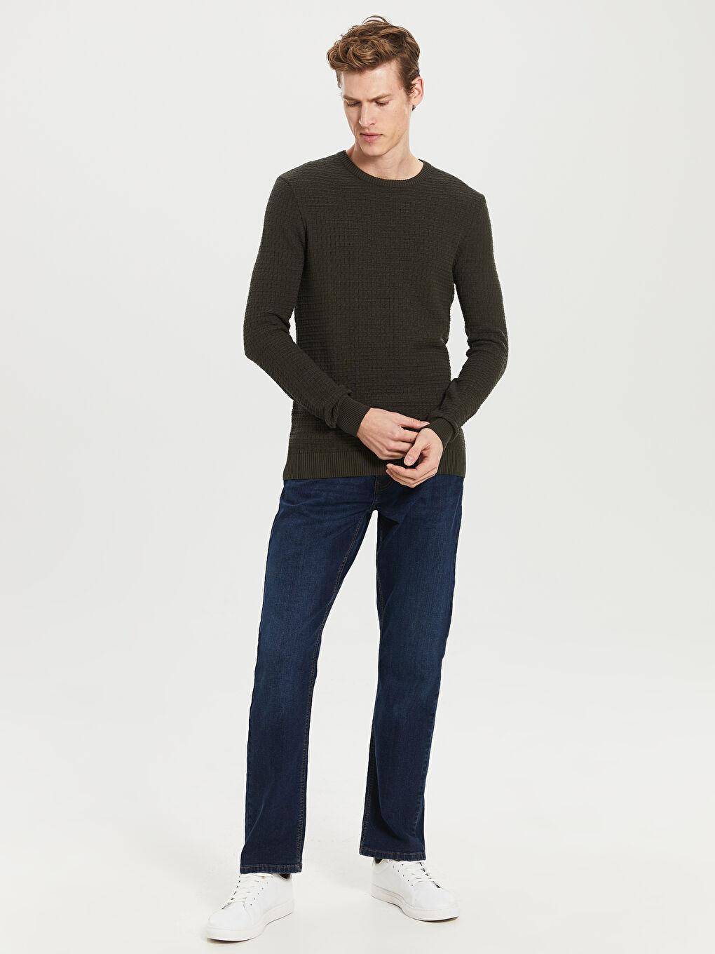 Haki Bisiklet Yaka Uzun Kollu İnce Erkek Triko Kazak-2