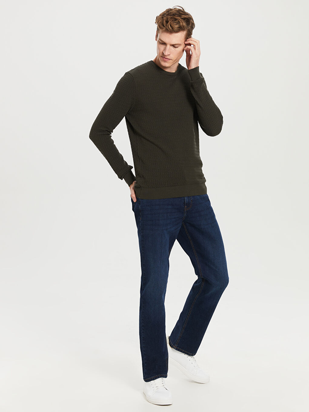 Haki Bisiklet Yaka Uzun Kollu İnce Erkek Triko Kazak-3