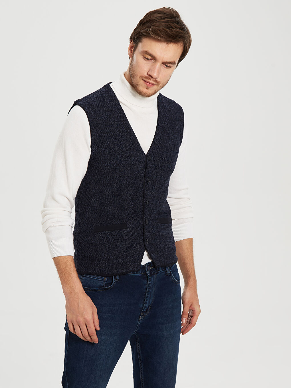 İndigo Standart Kalıp V Yaka Klasik İnce Erkek Yelek-1