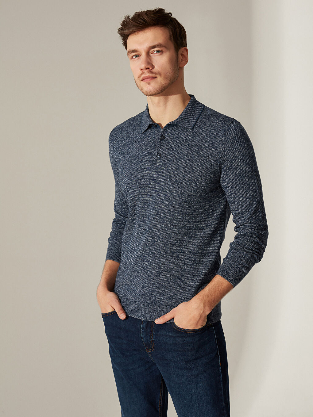 İndigo Polo Yaka Uzun Kollu Erkek Triko Kazak-1