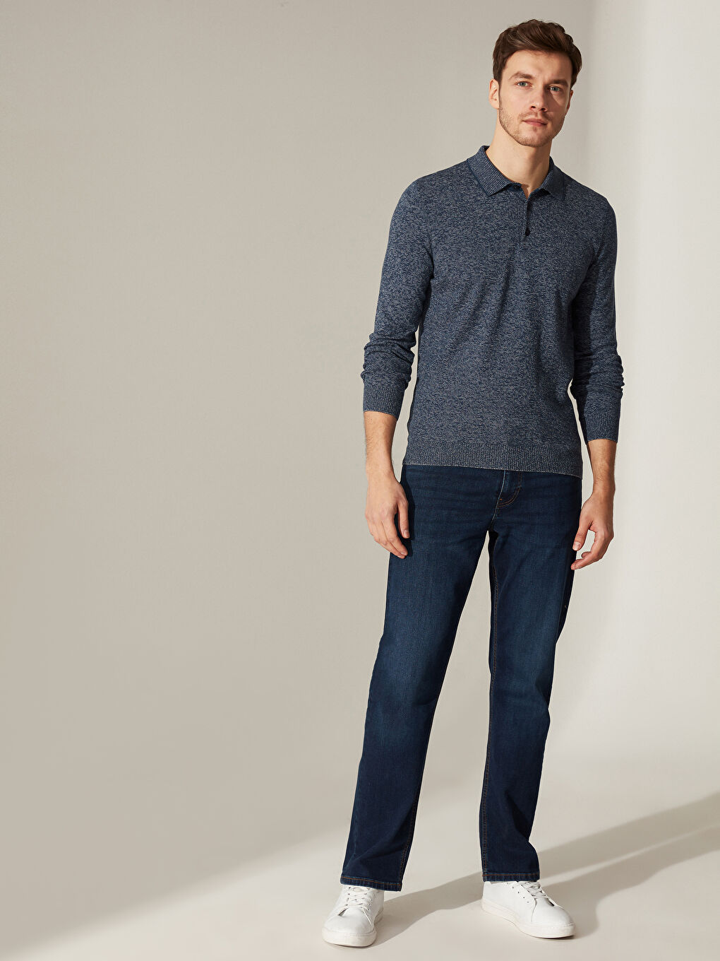 İndigo Polo Yaka Uzun Kollu Erkek Triko Kazak-4