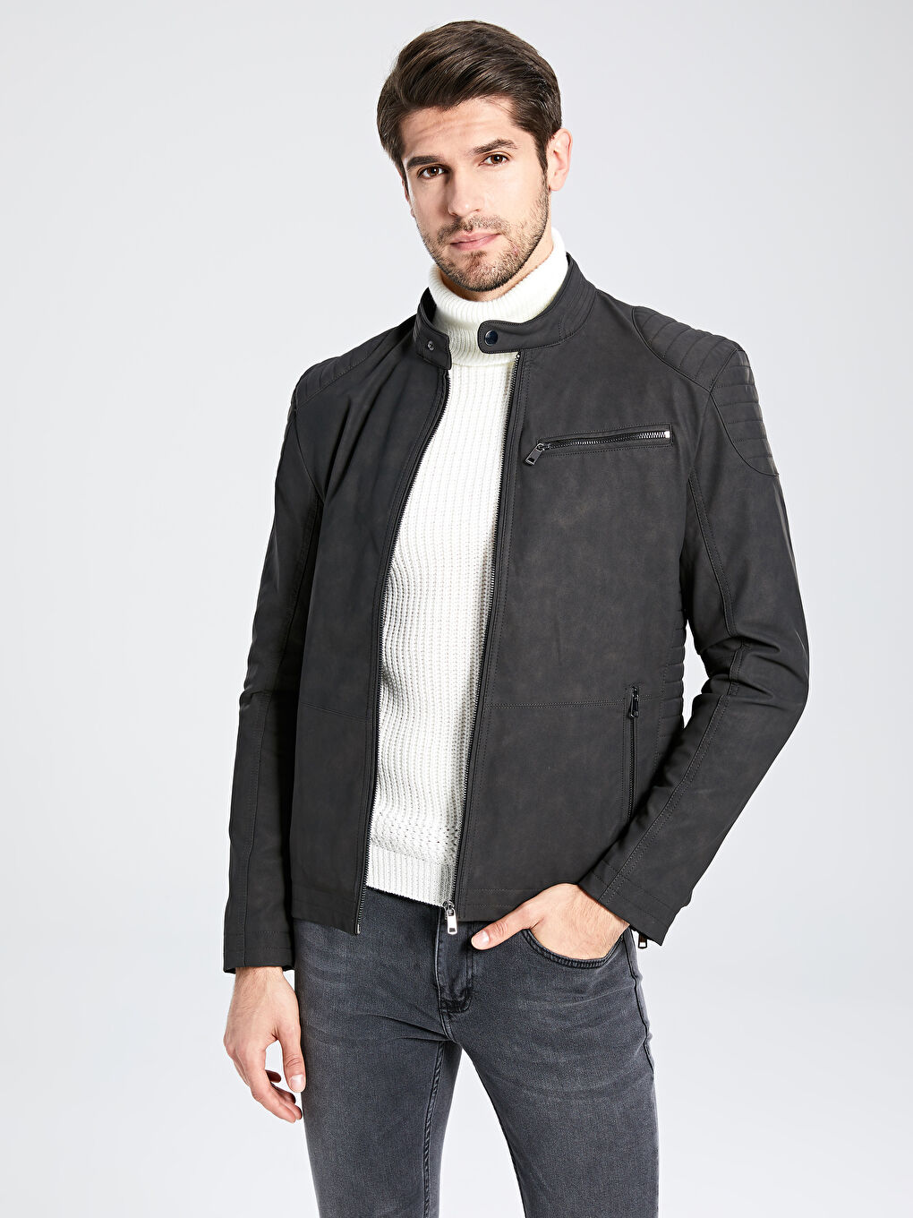 Gri Slim Fit Deri Görünümlü Mont