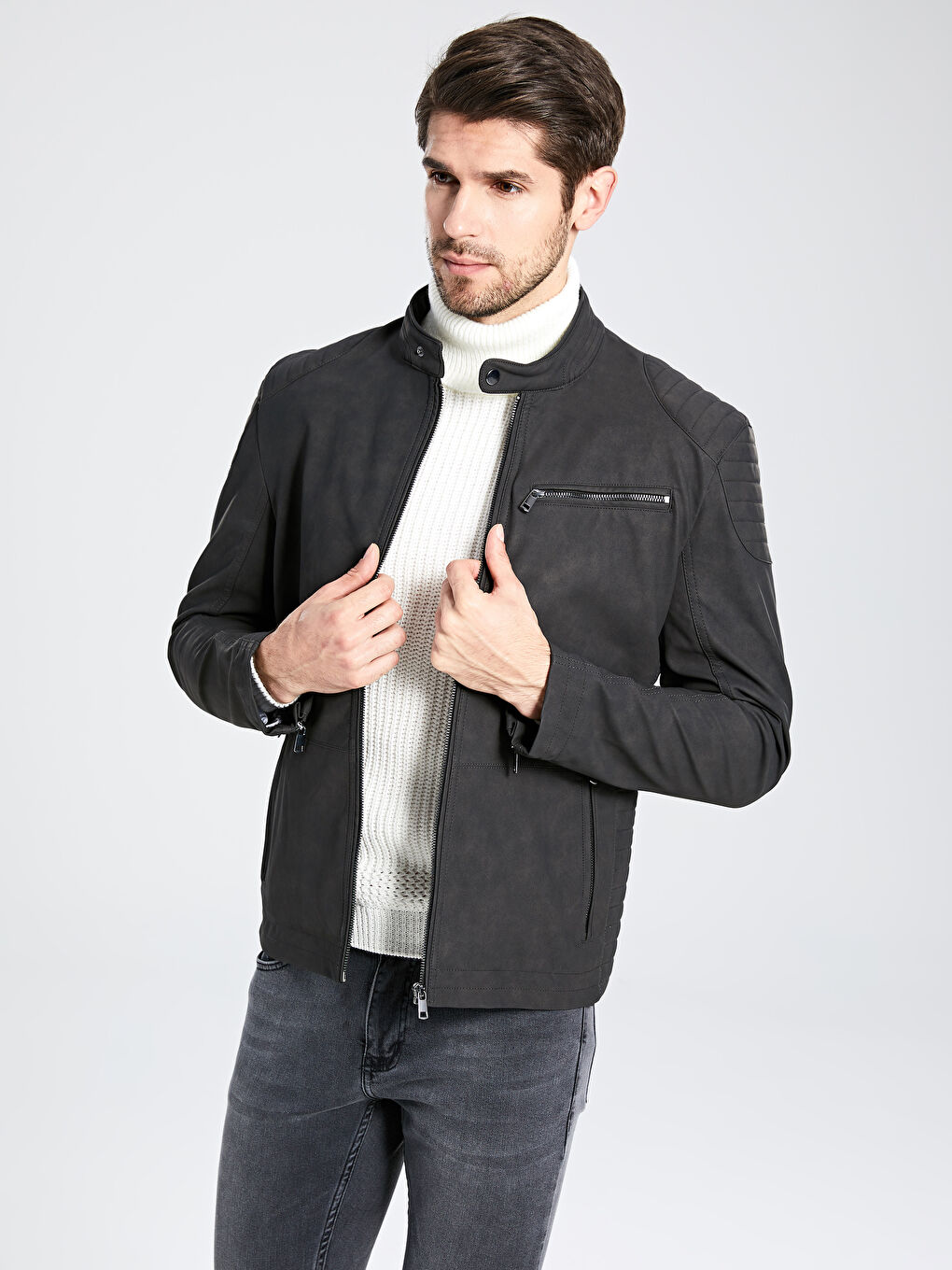 Gri Slim Fit Deri Görünümlü Mont-1