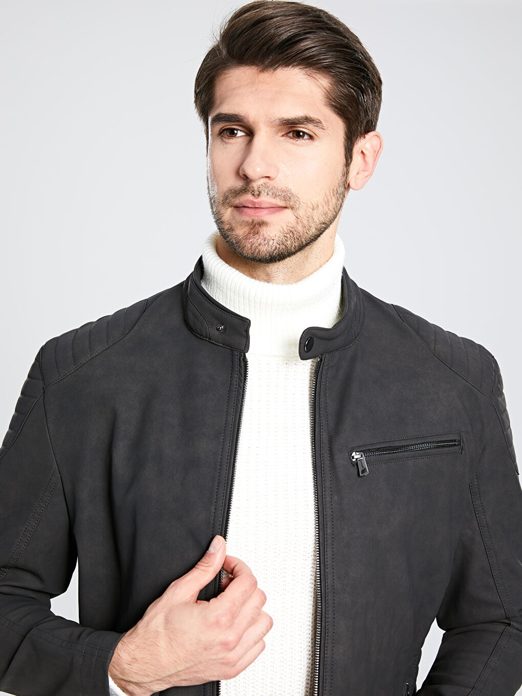 Gri Slim Fit Deri Görünümlü Mont-2