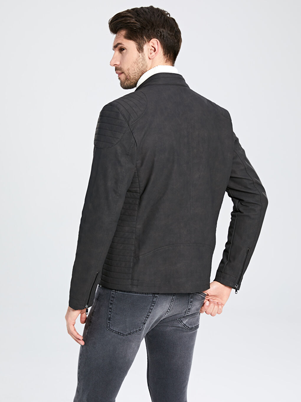 Gri Slim Fit Deri Görünümlü Mont-3