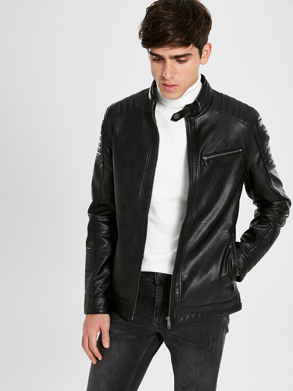 Siyah Slim Fit Erkek Deri Görünümlü Mont-1