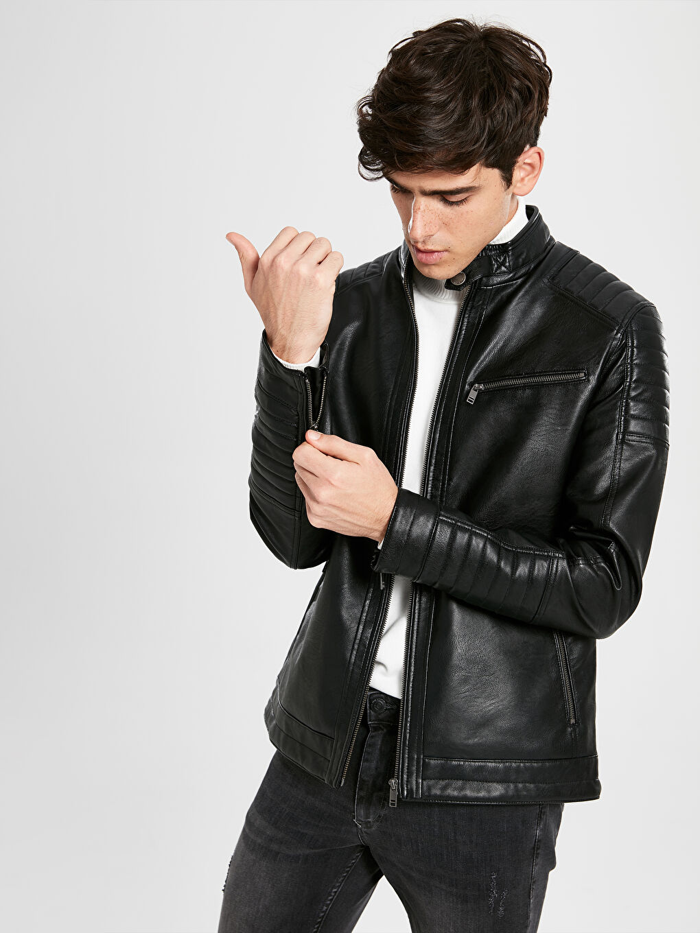 Siyah Slim Fit Erkek Deri Görünümlü Mont-2