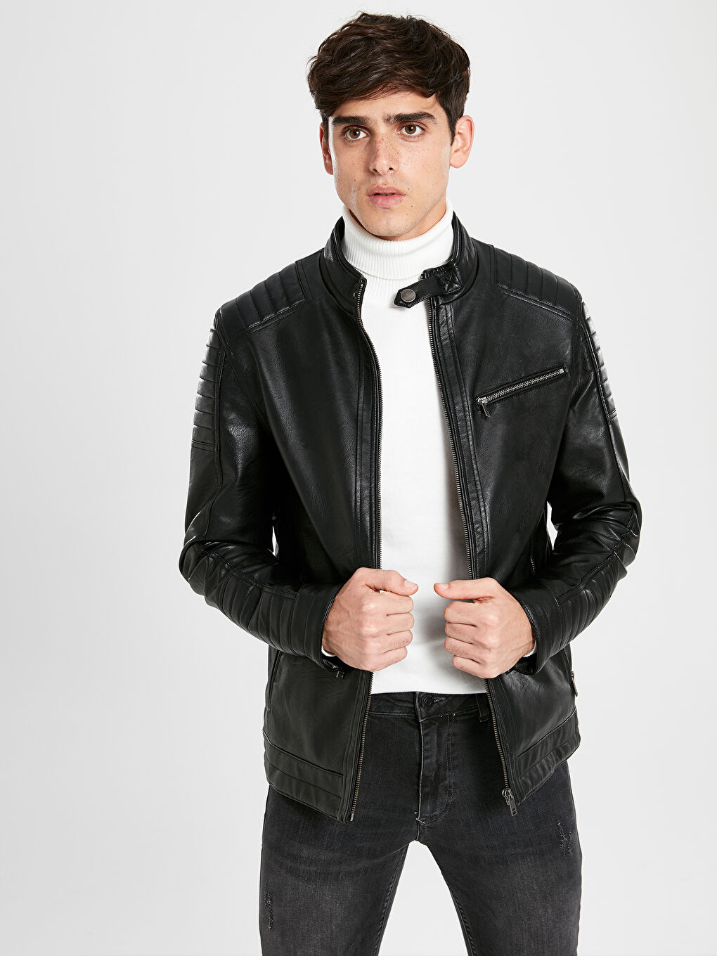 Siyah Slim Fit Erkek Deri Görünümlü Mont-3