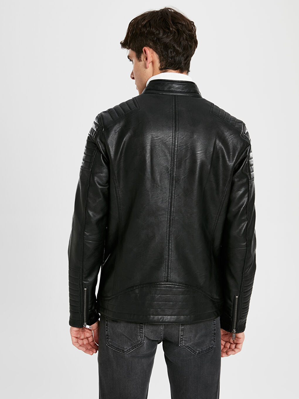 Siyah Slim Fit Erkek Deri Görünümlü Mont-4