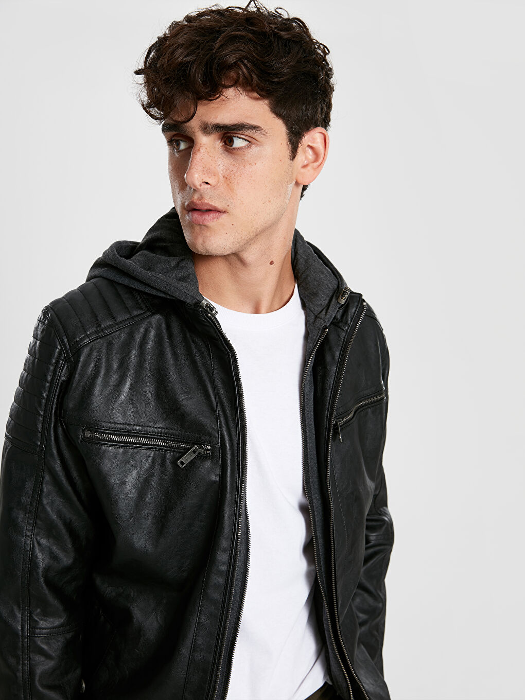 Siyah Standart Kalıp Erkek Deri Görünümlü Mont-1