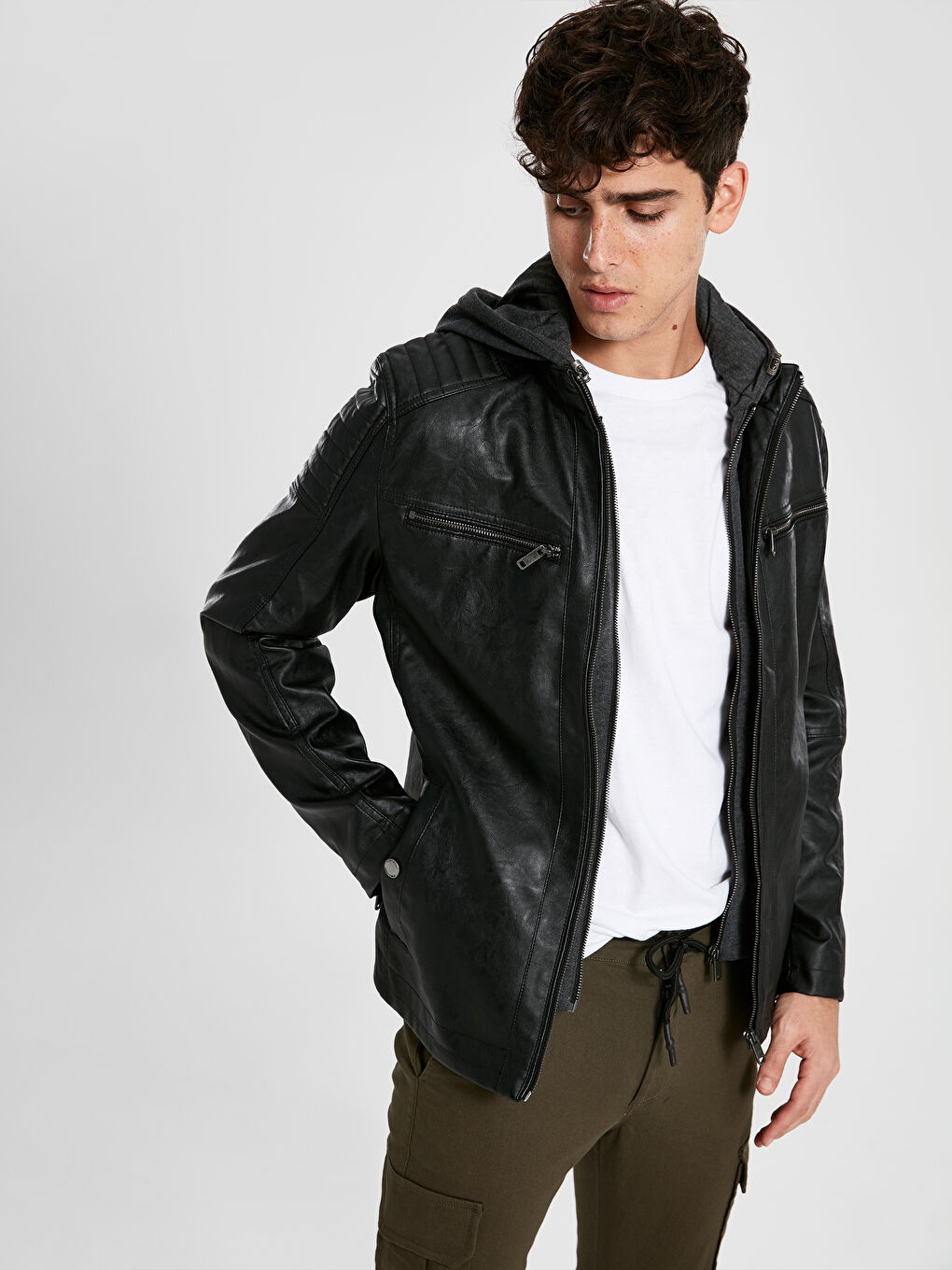 Siyah Standart Kalıp Erkek Deri Görünümlü Mont-2