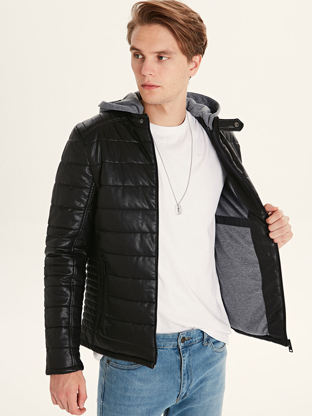 Siyah Standart Kalıp Erkek Deri Görünümlü Mont-2