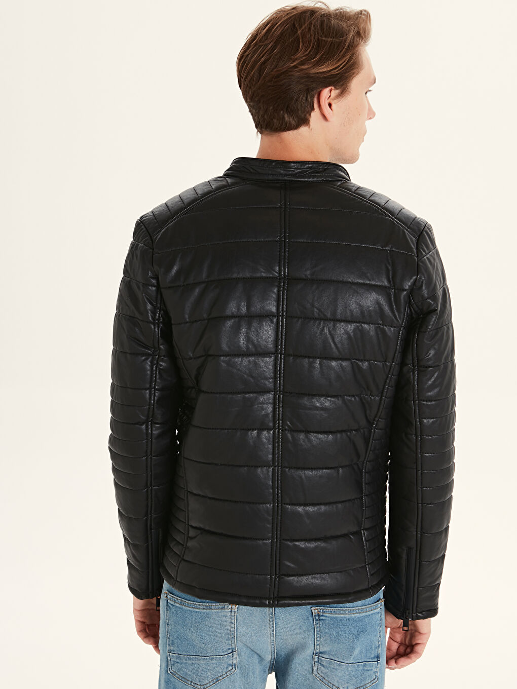 Siyah Standart Kalıp Erkek Deri Görünümlü Mont-3