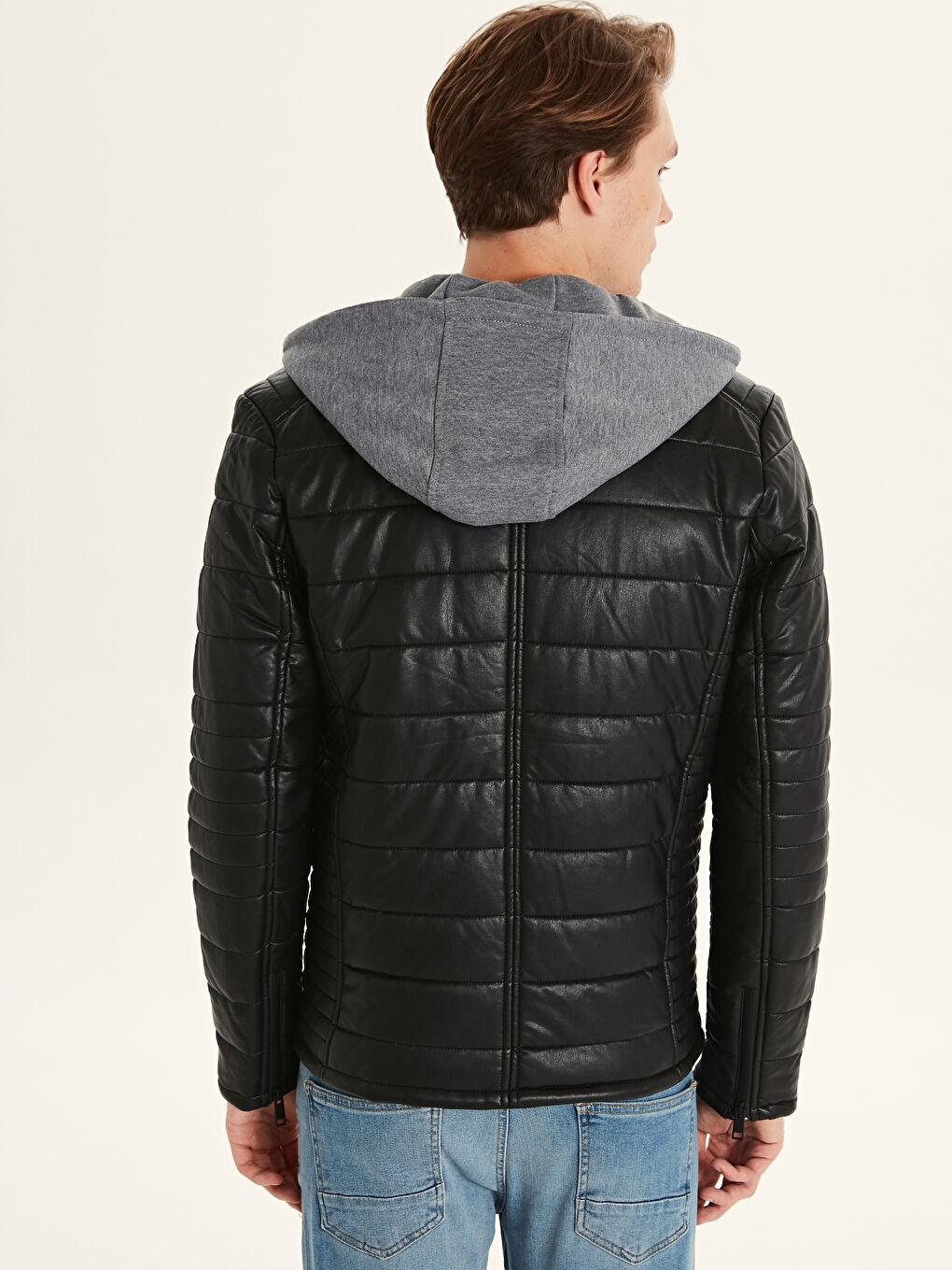 Siyah Standart Kalıp Erkek Deri Görünümlü Mont-4