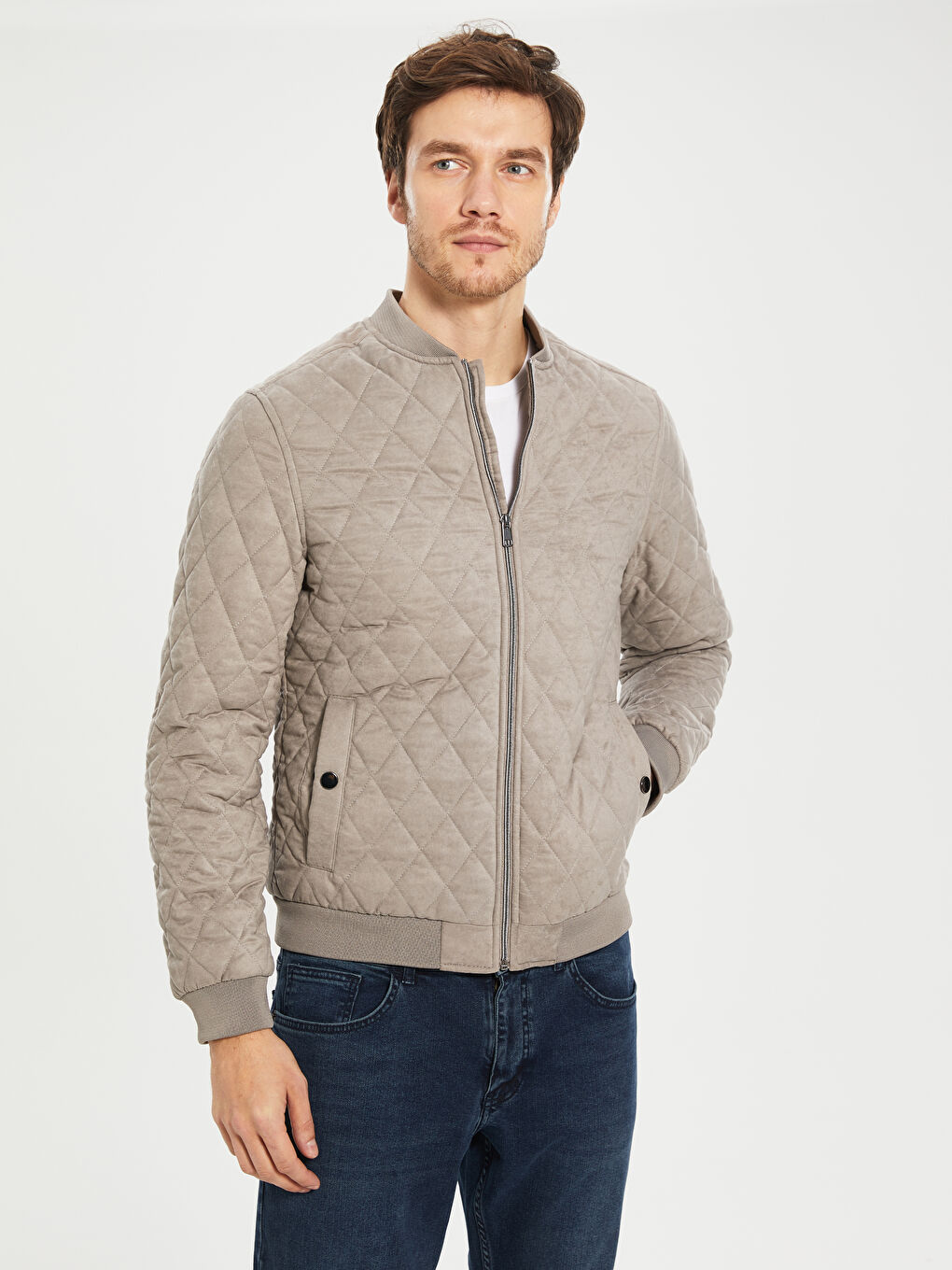 Bej Slim Fit Süet Erkek Mont-1