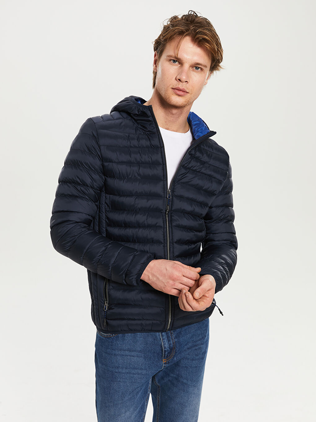 Lacivert Bol Kalıp Dik Yaka Erkek Şişme Mont