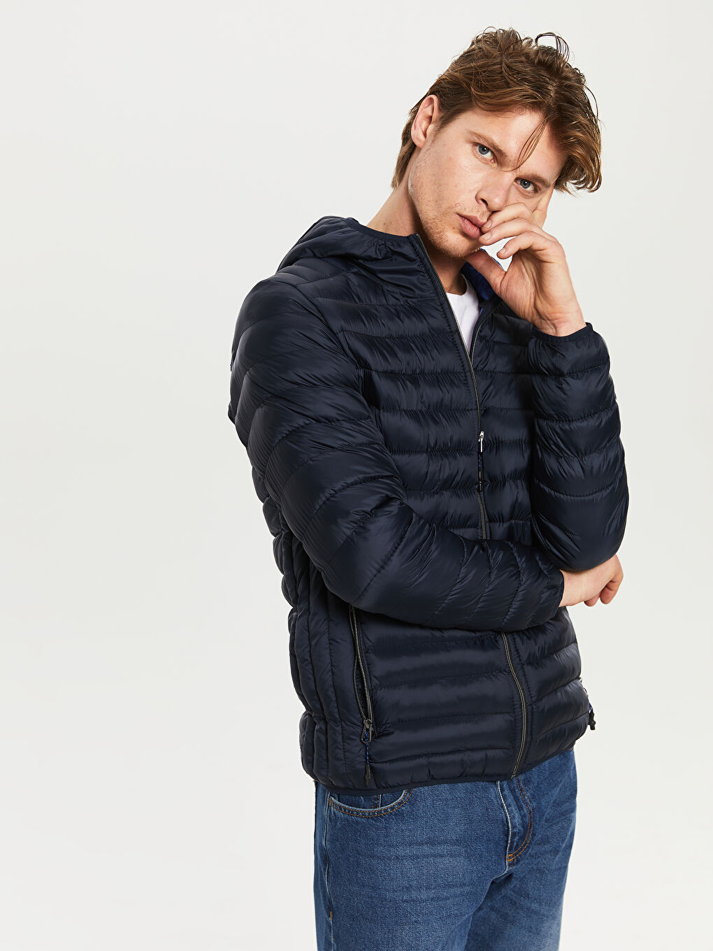 Lacivert Bol Kalıp Dik Yaka Erkek Şişme Mont-2