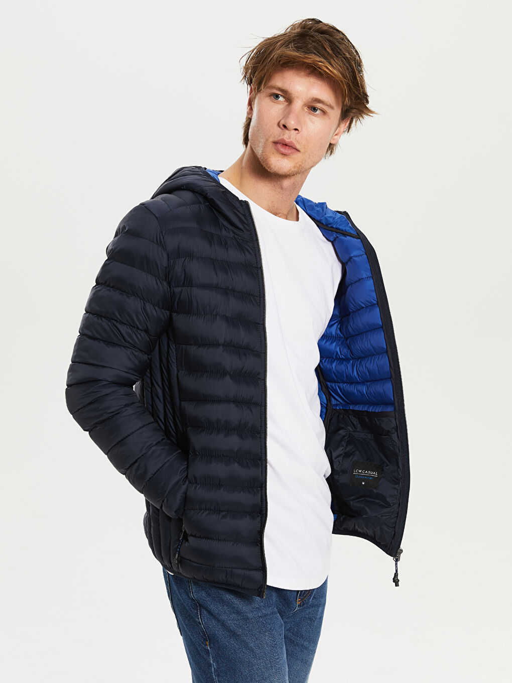 Lacivert Bol Kalıp Dik Yaka Erkek Şişme Mont-3