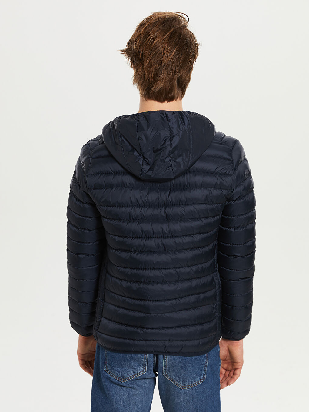 Lacivert Bol Kalıp Dik Yaka Erkek Şişme Mont-4