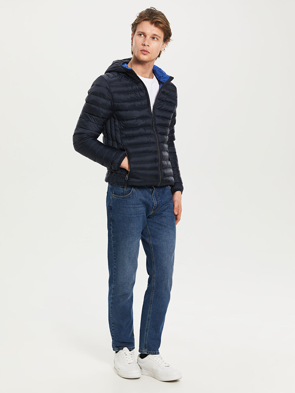 Lacivert Bol Kalıp Dik Yaka Erkek Şişme Mont-5