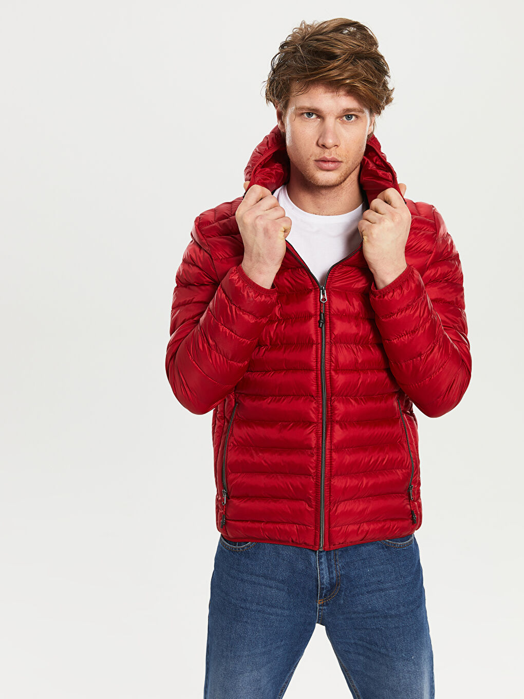 Kırmızı Bol Kalıp Dik Yaka Erkek Şişme Mont