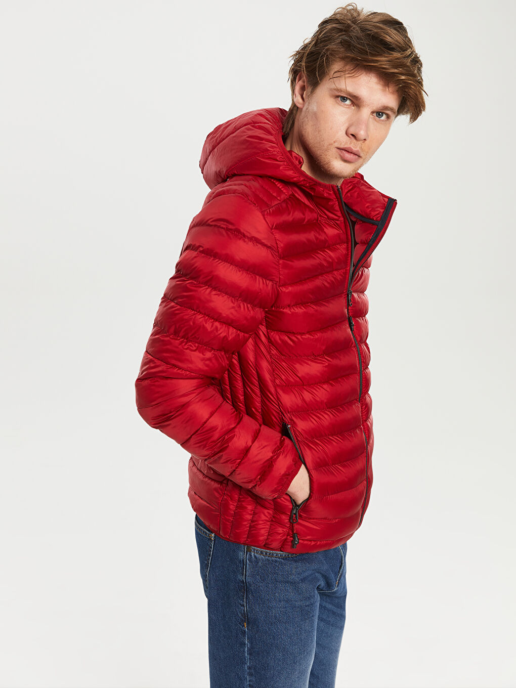 Kırmızı Bol Kalıp Dik Yaka Erkek Şişme Mont-1