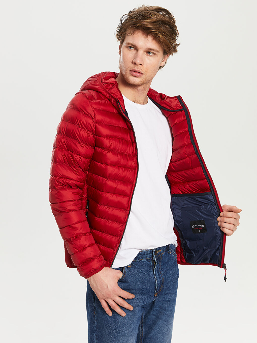 Kırmızı Bol Kalıp Dik Yaka Erkek Şişme Mont-2