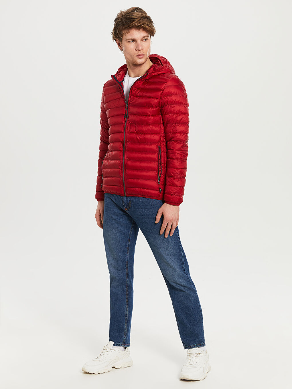 Kırmızı Bol Kalıp Dik Yaka Erkek Şişme Mont-4