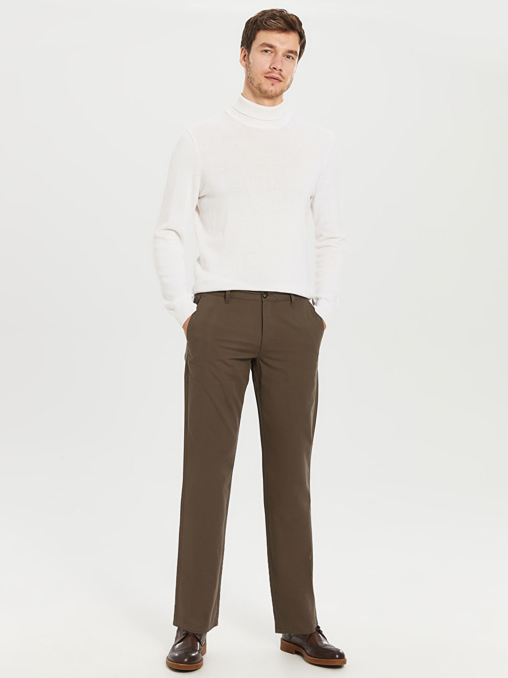 Kahverengi Geniş Kalıp Gabardin Erkek Chino Pantolon