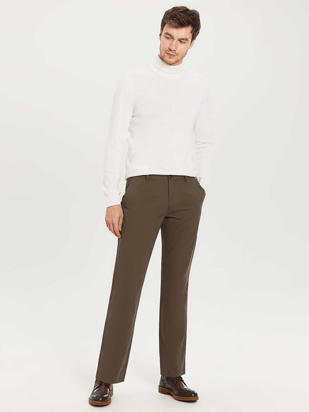 Kahverengi Geniş Kalıp Gabardin Erkek Chino Pantolon-1